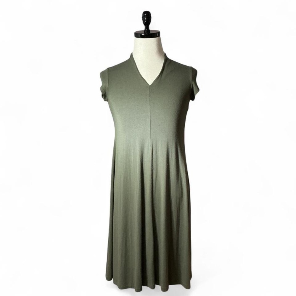 Eileen Fisher Dress XS/TP Olive Green‎ Knit V Neck Sleeveless Casual